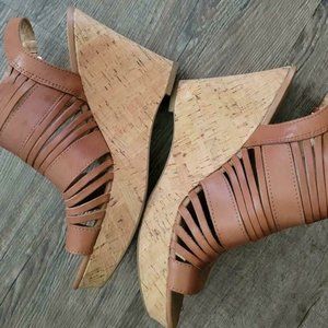 Franco Sarto Tan Brown Leather Faux Cork Platform Wedge Heel Sandals 9 M